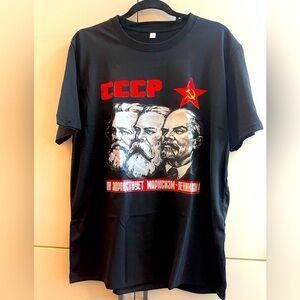VTG Style Communism Soviet Lenin Karl Marx Engels USSR Cotton T-shirt All Black